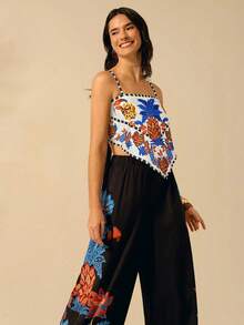 女士波西米亚风菠萝热带植物印花V领系带露背吊带背心，休闲海滩度假夏季 - 彩色 - 查看 5