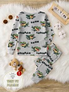 一套男童鳄鱼印花修身睡衣套装，卡通图案长袖上衣和裤子，春秋季 - 灰色 - 查看 2