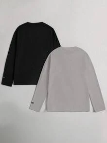 Vacaura 2 件套青少年男童纯色简约时尚圆领长袖 T 恤，黑白可选，面料舒适，颜色百搭，适合上学和休闲穿着，秋冬季 - 黑色 - 查看 2