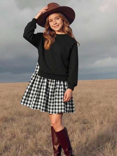 Emery Rose Kids 少女撞色长袖休闲连衣裙、校服、卫衣裙，适合秋冬季节穿着，包括万圣节、返校节等场合。秋季服装、婴儿秋季服装、儿童秋季服装、秋季套装、秋季连衣裙、秋季上衣、秋季毛衣。棕色连衣裙、姐妹格子百褶裙、少女棕色半身裙、秋季服装、少女校服套装、青少年女孩套装、少女校服。