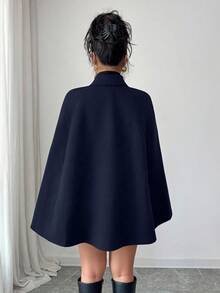 SHEIN PETITE Women's Casual British Style Fashion Double-Breasted Woolen Cape Coat Navy Blue Coat Women Coats French Style Coat Outerwear Women - Royal Blue - View 2