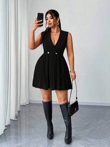 SHEIN Elenzya Váy ngắn xếp ly không tay, cổ bẻ, thanh lịch, trang nhã, giản dị, cỡ lớn dành cho nữ, mùa thu/đông - màu đen - Xem 1