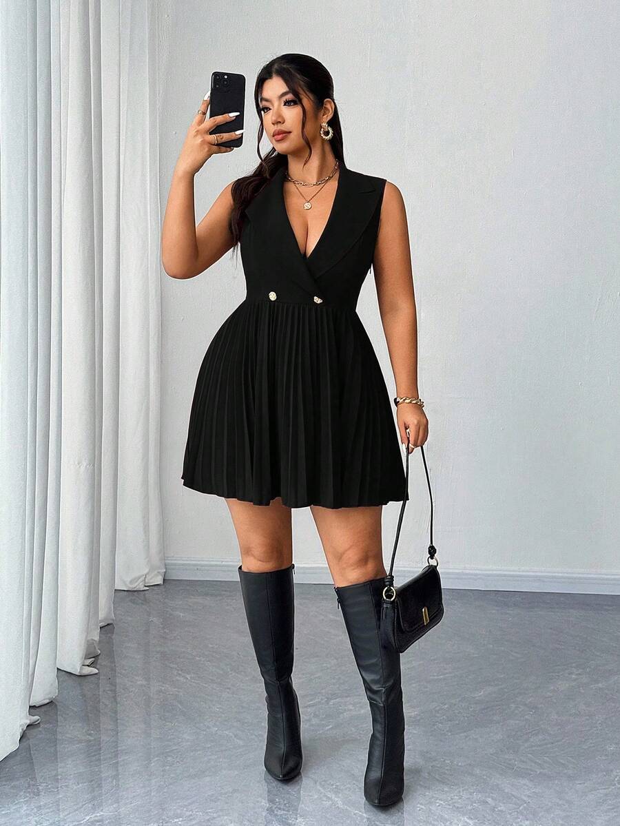 SHEIN Elenzya Váy ngắn xếp ly không tay, cổ bẻ, thanh lịch, trang nhã, giản dị, cỡ lớn dành cho nữ, mùa thu/đông - màu đen - Xem 1