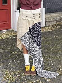 Modviera Women's Plaid Patchwork Digital Print A-Line Skirt - Multicolor - View 5