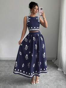 Selianne 2件套女士休闲印花背心和裙子套装，度假装 - 藏蓝色 - 查看 3