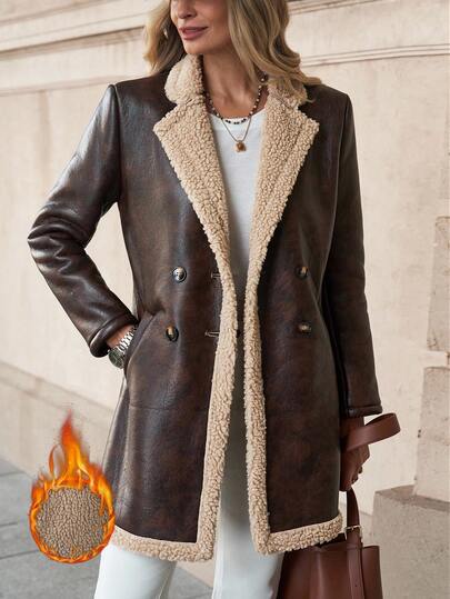 Solivie Women's Retro Double-Breasted Suit Set With Thermal Lining Brown Jacket Women Women Coats Brown Blazer Women Leather Jackets For Women Winter Clothes For Women Brown Long Trench Coat Plush Autumn And Winter Cotton-Padded Jacket With Long Insulation,Women's Winter Clothes