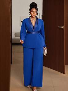 Maweii 大码秋季长袖直筒腰带外套和裤子两件套，休闲通勤装 - 寶藍色 - 查看 5