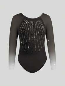 SHEIN Tween 女童运动服渐变色网眼长袖紧身衣，水钻装饰体操连体衣，四向弹力高弹力健身户外运动舞蹈瑜伽体操连体衣 - 棕色 - 查看 3