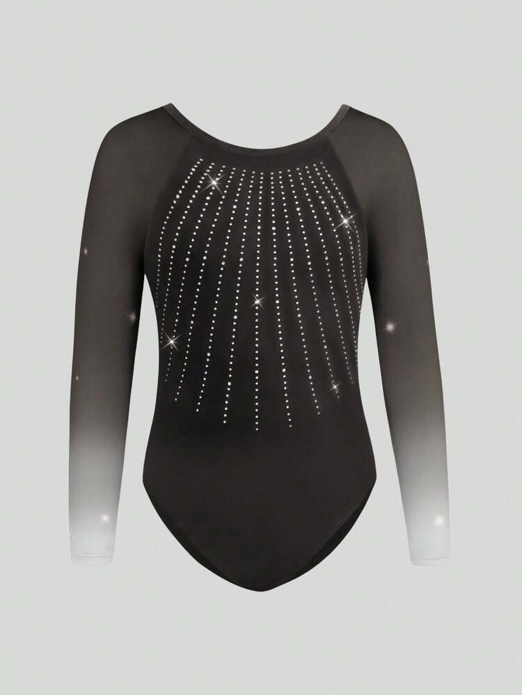 SHEIN בגד גוף התעמלות עם שרוולים ארוכים מבד רשת אומברה לבנות, בגד גוף מעוטר באבני חן, סרבל התעמלות יוגה וריקוד בארבעה כיוונים - חום - ראה 3