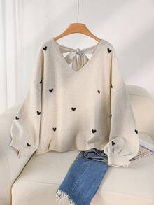 CosyJoli 大码休闲心形图案米色V领露背毛衣