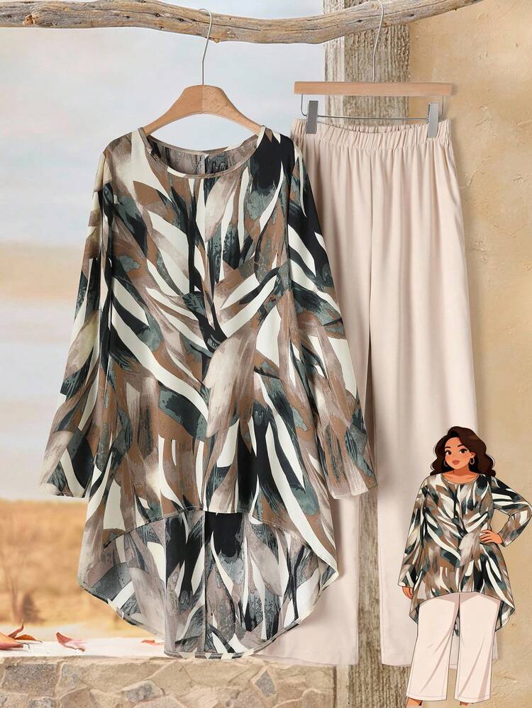 2pcs Plus Size Women Fall Contry Casual Vacation Full Print Round Neck Long Sleeve High-Low Hem Top And Wide Leg Pants Loose 2 Pieces Set,Winter Pants Set,Blouse And Pants Set,Winter,Going Out Outfits,2025 New Clothes,Simple And Fashionable For Everyday Wear