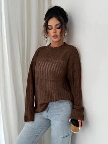 Selianne Leichter, durchsichtiger Damen-Pullover mit Cut-Out-Muster - Kaffeebraun - Übersicht 3