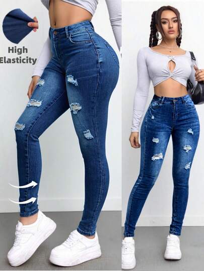 Jeans de Tiro Alto para Mujer - Pantalones de Campana de Denim Elástico Azul Elegante con Diseño Clásico de Cinco Bolsillos, Tejido de Poliéster Cómodo para Uso Diario
