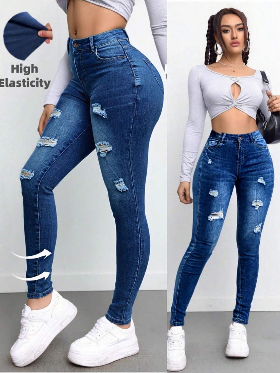 Jeans de Tiro Alto para Mujer - Pantalones de Campana de Denim Elástico Azul Elegante con Diseño Clásico de Cinco Bolsillos, Tejido de Poliéster Cómodo para Uso Diario - Azul - Ver 1