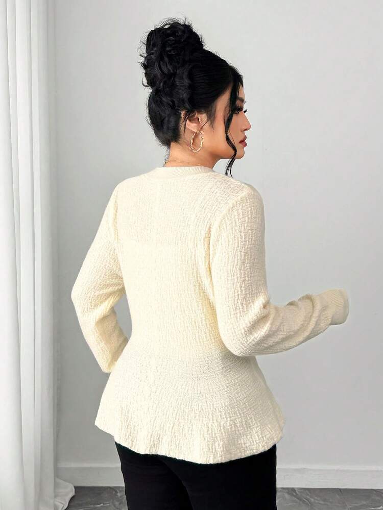 Dazy Plus Plus Size Women V-Neck Elegant Solid Color Fitted Cardigan Sweater, Suitable For Autumn/Winter
