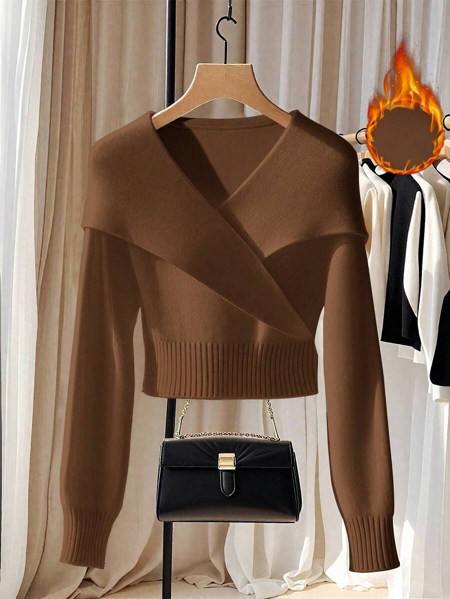 Franclia Top tricoté à col surdimensionné blanc élégant, pull tricoté à col châle unique pour l'automne/l'hiver, associé à un t-shirt col roulé élastique - Taupe - Voir 1