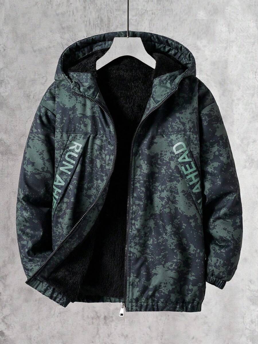 Vacaura 1pc Teen Boys Camouflage Print Casual Hooded Thermal Lined Windbreaker Jacket, Suitable For Daily Casual Wear In Winter - Green - View 1