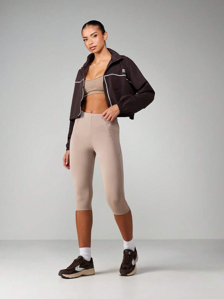 MISSGUIDED High Waisted Performance Capri Leggings With Taupe Side Stripe Detail And Seamless Athletic Design For Training
