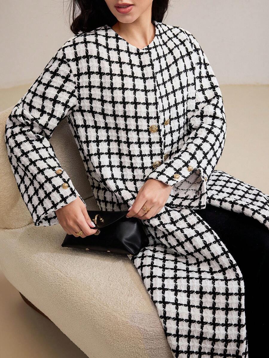 Veilorie 女士优雅通勤格子长袍 - 白色 - 查看 1