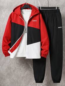 Vacaura 2 件套休闲青少年男童拼色字母印花连帽夹克和松紧腰慢跑裤，宽松版型，适合日常穿着、通勤、户外、运动、学校、街头服饰、派对，适合秋季、春季、冬季 - 酒紅色 - 查看 6