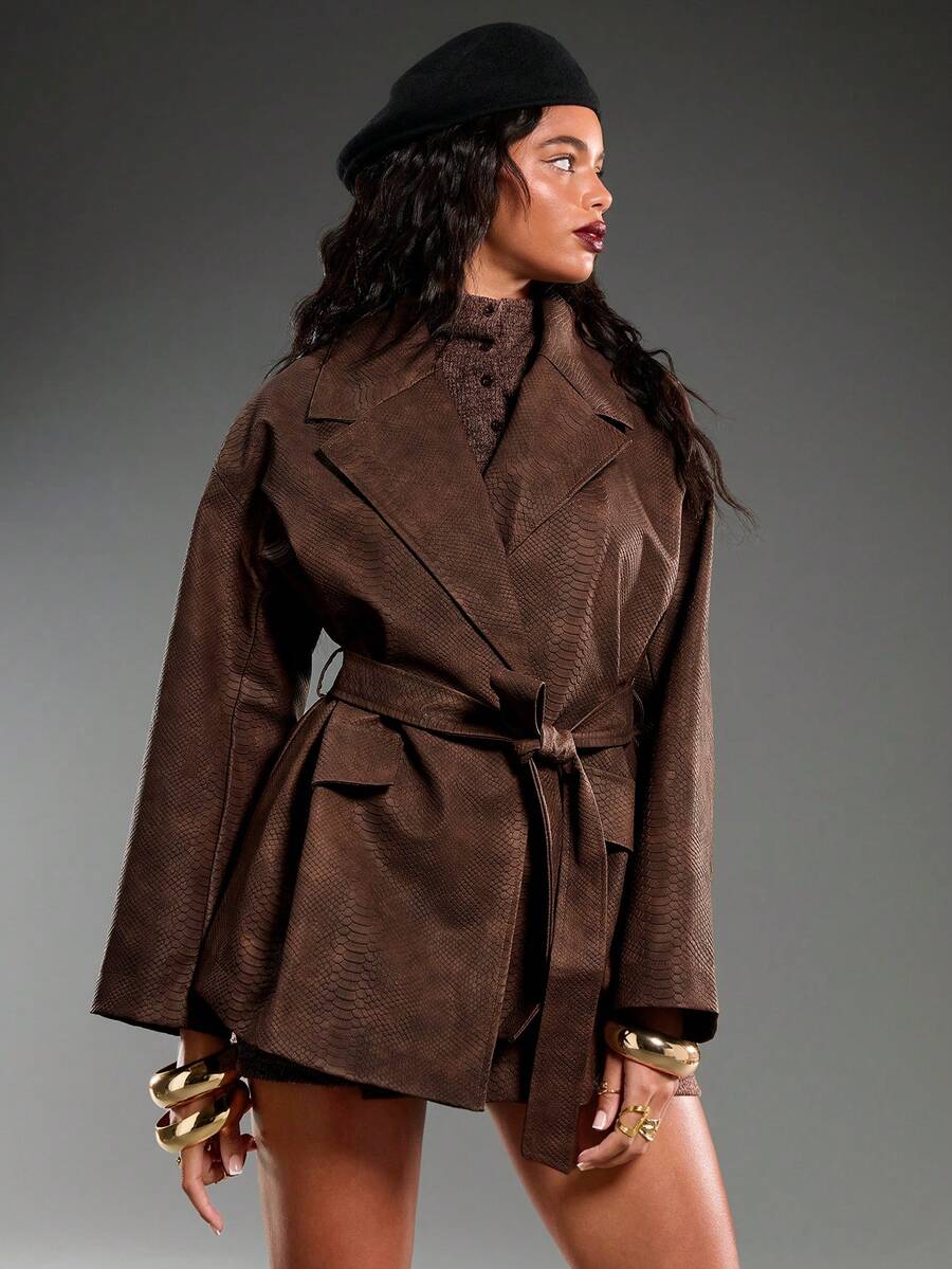 Normani Women's Snake Skin Pattern Loose Waist PU Leather Jacket - Brown - View 1
