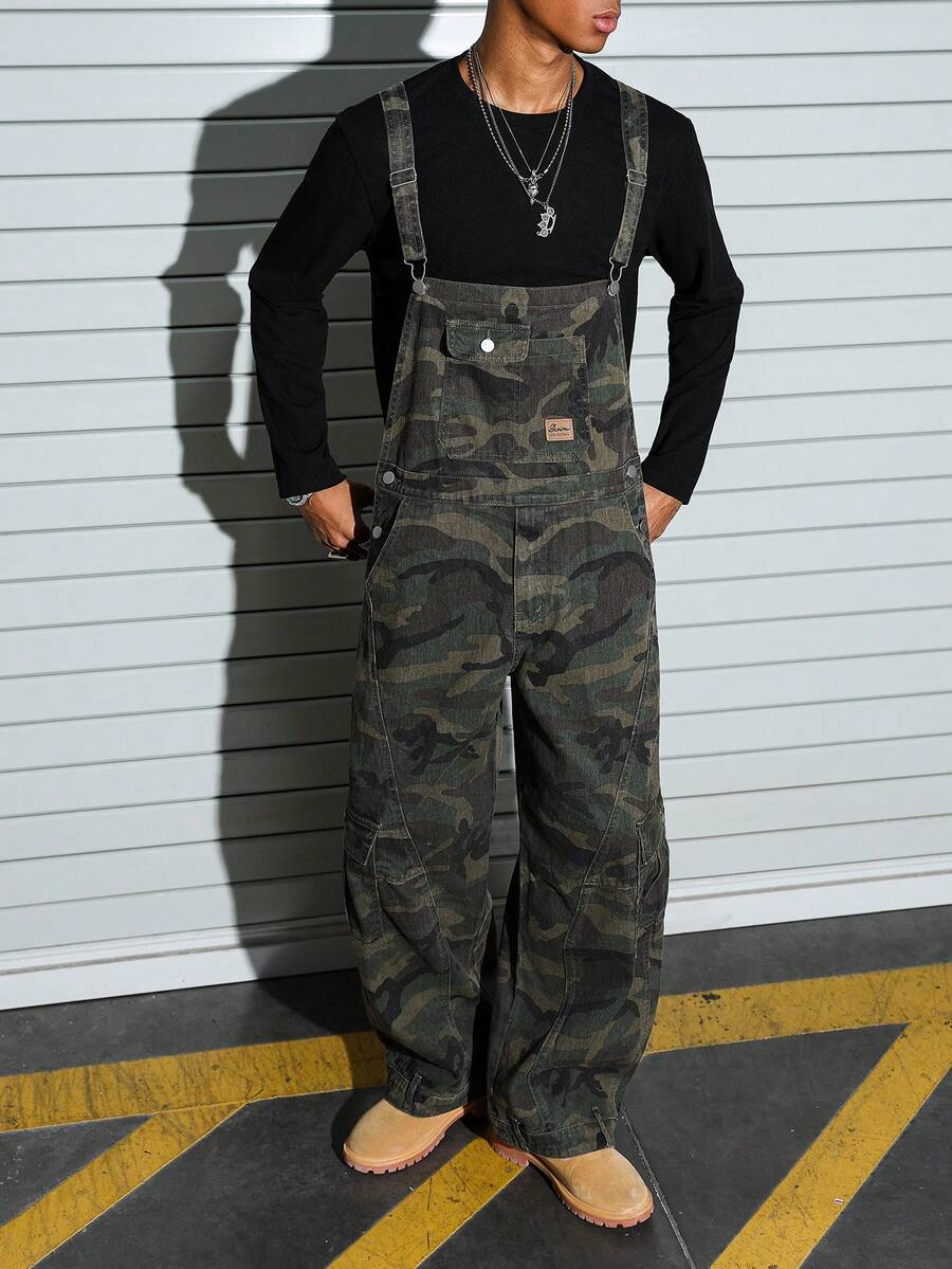 PAVTROS Men's Casual Streetwear Multi-Pocket Distressed Chest Guard Camo Bib Pants Camo Overalls Men - Army Green - View 1