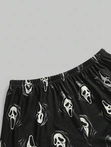 ROMWE Women's Gothic Imp Pattern Contrast Color Strap Camisole & Shorts Casual Pajama Set - Black - View 8