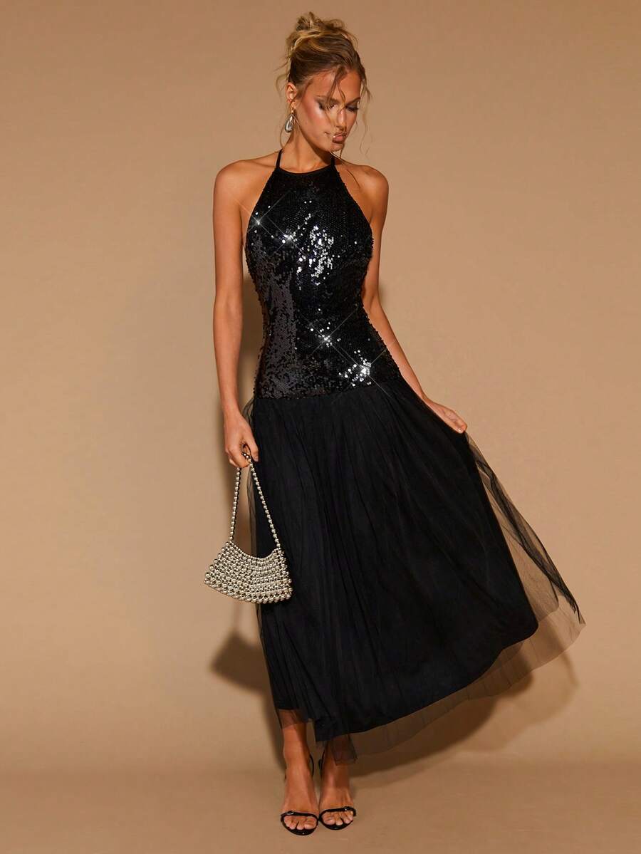 COSMINA Robe maxi élégante plissée en maille contrastée avec sequins pour femmes, robe de soirée noire, robe noire à sequins, robe noire scintillante - Noir - Voir 1