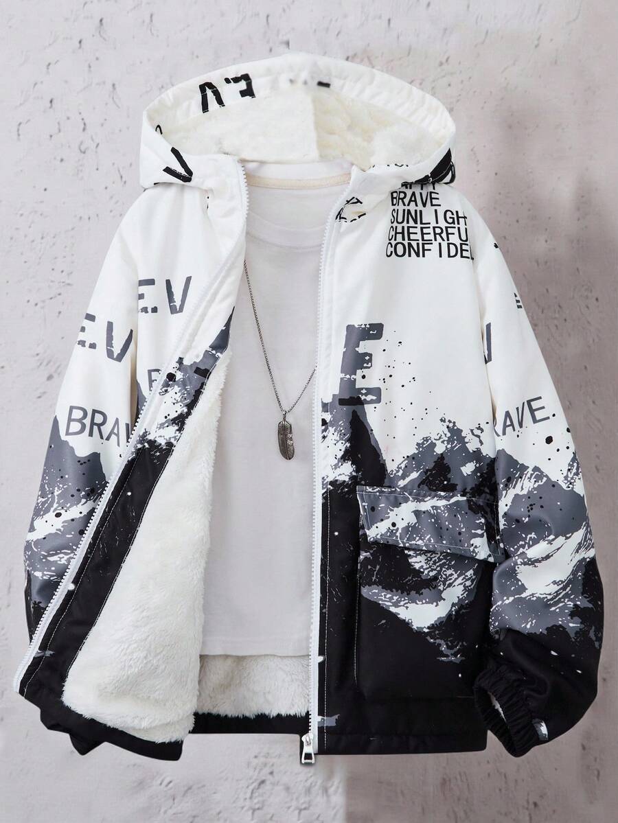 Vacaura Tween Boy 休闲时尚水墨画字母装饰袋鼠口袋连帽夹克，百搭适合秋冬日常穿着