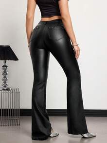 Jeanoix Dambyxor med nitmönster och låg midja i läder, trendiga, sexiga, smala leggings med utsvängda leggings - Svart - Visa 2