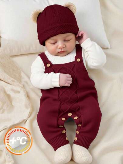 SHEIN Newborn Baby Boy/Girl Toddler Fall/Winter Clothes Outfits: Green Knitted Rompers, Overalls, Sweaters, Comfortable, Versatile, Fashionable, Cute, Retro, Classic, Simple Design Basics, Suitable For Indoor, Outdoor, Skiing, Daily Wear, Sports, Play, Party, Photo Shoots, Holidays