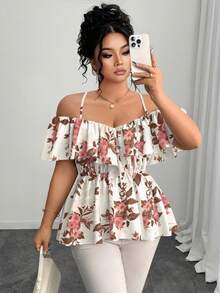 Elenzga Bluză elegantă, mărime mare, cu umeri goi, cu volane, în formă de A, primăvară/vară