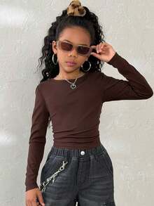 Coolane Tween Girls Winter Solid Ruched Side Crop Tee,Christmas/New Year/Thanksgiving/Party/Elegant/Chic - Brown - View 5