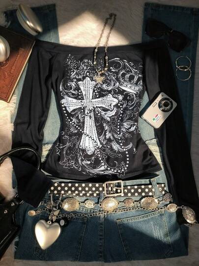 StreetHx Camiseta vintage de manga larga y hombros descubiertos, estilo Y2K, de tela texturizada, regalo para hermana, regalo navideño, para otoño e invierno.