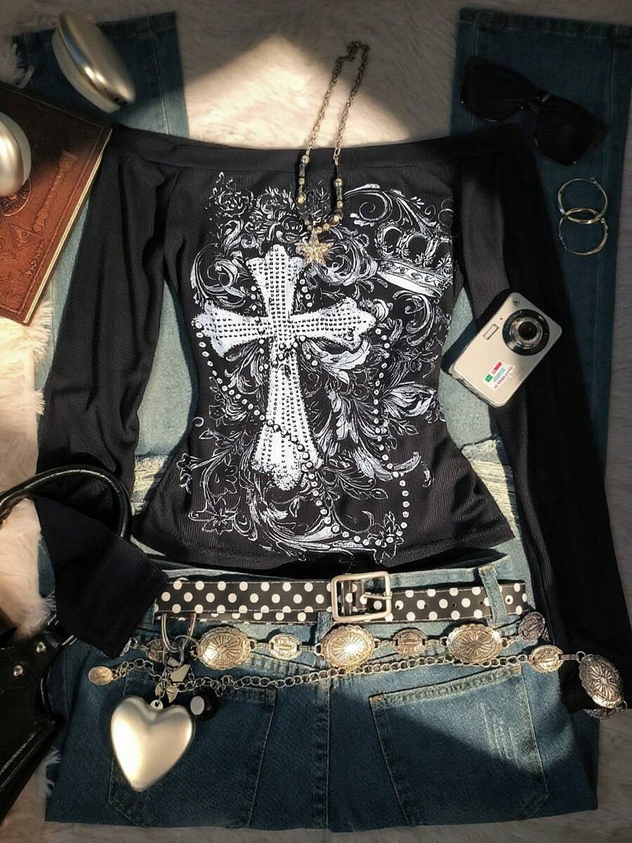 StreetHx Áo thun dài tay hở vai cổ điển ôm sát dành cho nữ, phong cách Y2K, vải có họa tiết, quà tặng cho chị em, quà tặng ngày lễ, trang phục mùa thu đông. - Nhiều màu - Xem 1