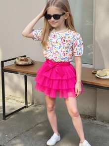 SHEIN Glamorique Kids Baby Girl Rose Pink Tulle Skirt Party Dress Festival Photography Prop Mesh Skirt - Hot Pink - View 2