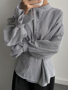 DAZY Women's Mandarin Collar Striped Loose Casual Blouse Long Sleeve