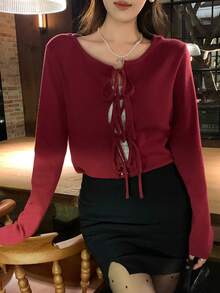 DAZY Cárdigan de mujer con cuello redondo y diseño de lazo delantero, suéter casual para otoño/invierno, Año Nuevo y Navidad - Burdeos - Ver 1