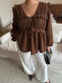 Dripcurv 大码女式纯色休闲系带上衣 - 棕色 - 查看 4