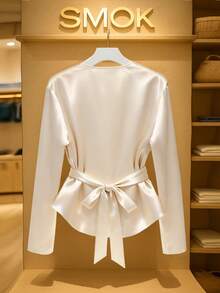 GlowEve CURVE 大码女士优雅商务通勤条纹交叉V领裹腰长袖衬衫，秋冬款 - 杏色 - 查看 2