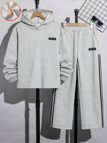 Vacaura 青少年男童落肩连帽衫和运动裤套装，休闲宽松百搭装 - 淺灰紫 - 查看 6