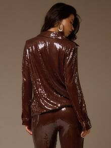 MUSERA Oversized Pailletten-Hemd mit Haken und Öse, Oberteil für den Winter, Abendausgang, elegant, sexy, Party, Valentinstag - Kaffeebraun - Übersicht 4