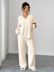 EMERY ROSE 女式加大码两件套，宽松 V 领长袖上衣和直筒裤，温暖纹理面料，舒适家居服，适合休闲穿着 - 杏色 - 查看 7