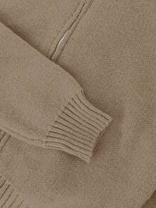 Franclia 女士优雅纯色罗纹高领修身长袖拉链上衣搭配弹力腰显瘦喇叭腿针织衫两件套，冬季 - 卡其色 - 查看 6