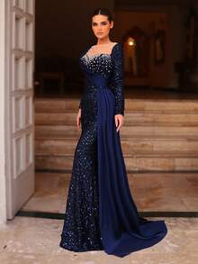 Aureia 优雅藏蓝色亮片缎面拼接长袖礼服，饰以精美手工串珠美人鱼裙摆，飘逸优雅，适合各种正式场合、婚礼、晚宴等。 - 藏蓝色 - 查看 5