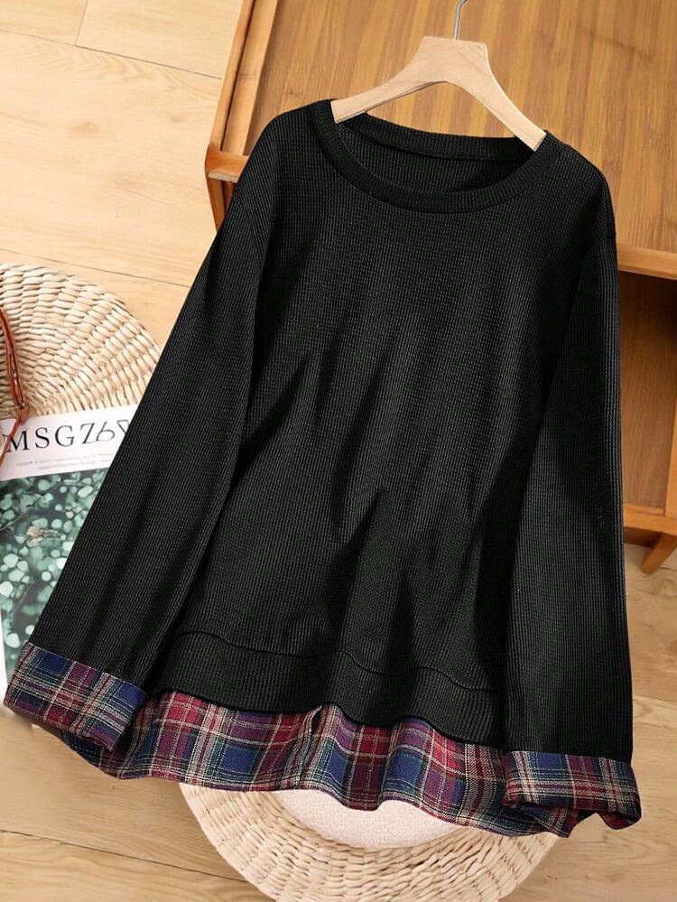 Plus Size Women's Round Neck Long Sleeve Plaid Patchwork Black T-Shirt Top, Autumn/Winter,Going Out,2025 New,Simple And Fashionable For Everyday Wear, Plus Size Winter,Comfortable And Breathable,Christmas For Women ,New Year,Thanksgiving For Women, Cute Black Tops, School Women