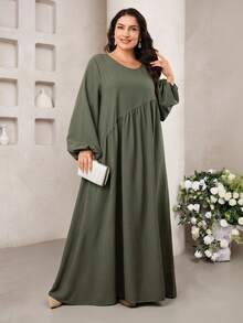 Veilorie 大码女式休闲纯色圆领长袖连衣裙 - 橄欖綠 - 查看 5