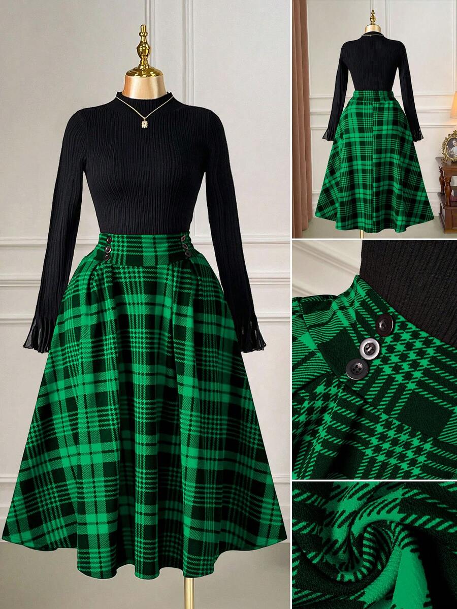 DreamSkyne 大码女士优雅格子喇叭裙，圣诞节 - 墨綠色 - 查看 1