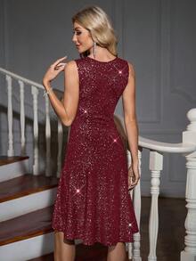 Gownix 女士时尚无袖亮片中长派对连衣裙 - 酒紅色 - 查看 2