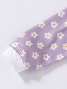 SHEIN Baby Girl Spring Purple And White Contrast Fresh Style Sweatshirt And Pants Set 2-Piece, Elastic Ribbed Cuffs Detail, Allover Daisy Pattern, Slight Flared Pants Fit, Suitable For Outings, Home Leisure And Daily Wear - Mauve Purple - View 10